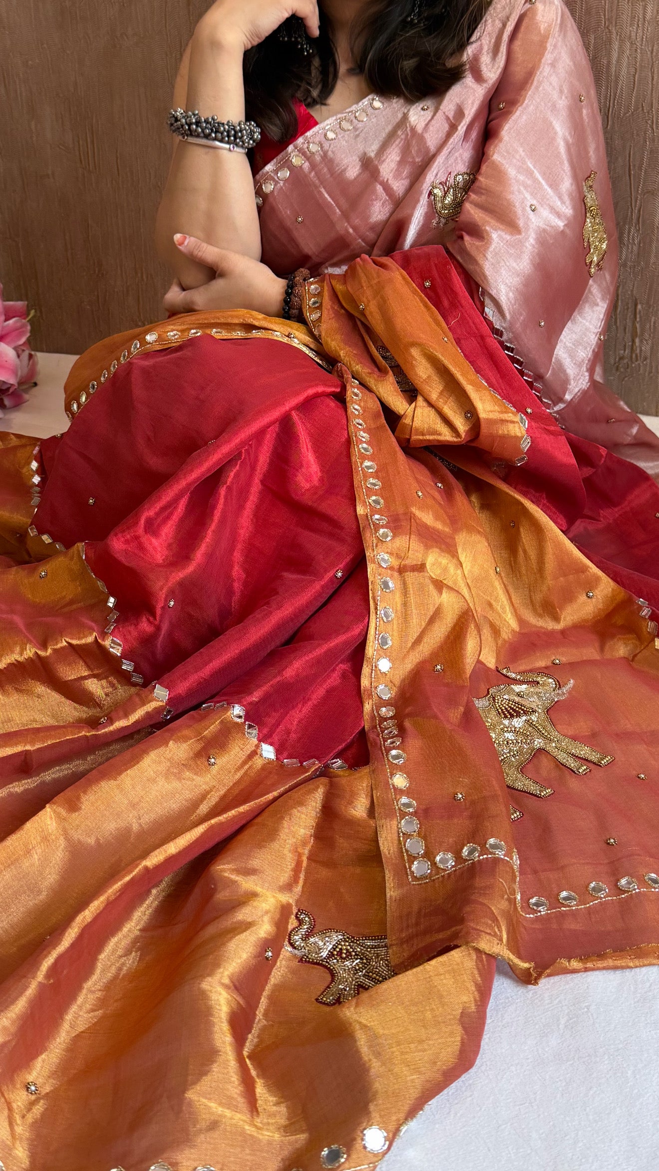 Satin tissue silk multicoloured hand embroidered kadhwa saree